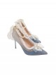 Elegant Exquisite Shiny Blue Gray Gradient Lace Pearl Chain Bowknot Decoration Sweet Lolita Pointed Toe Stiletto High Heels