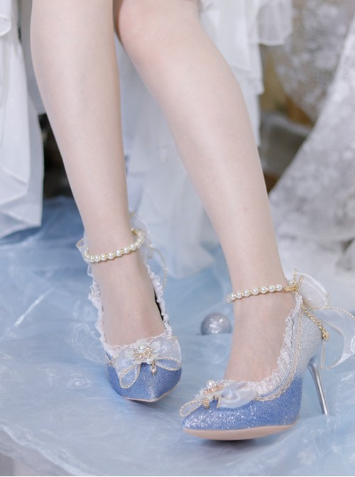 Elegant Exquisite Shiny Blue Gray Gradient Lace Pearl Chain Bowknot Decoration Sweet Lolita Pointed Toe Stiletto High Heels