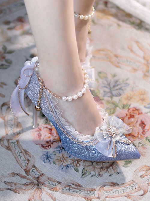 Elegant Exquisite Shiny Blue Gray Gradient Lace Pearl Chain Bowknot Decoration Sweet Lolita Pointed Toe Stiletto High Heels