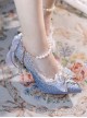 Elegant Exquisite Shiny Blue Gray Gradient Lace Pearl Chain Bowknot Decoration Sweet Lolita Pointed Toe Stiletto High Heels
