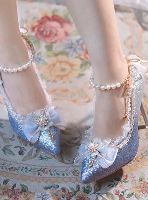 Elegant Exquisite Shiny Blue Gray Gradient Lace Pearl Chain Bowknot Decoration Sweet Lolita Pointed Toe Stiletto High Heels