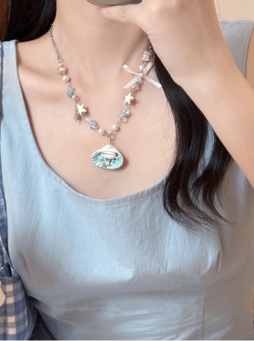 Ocean Vacation Style Fresh Cute Blue White Dreamy Starfish Pearl Silver Chain Kawaii Fashion Shell Necklace