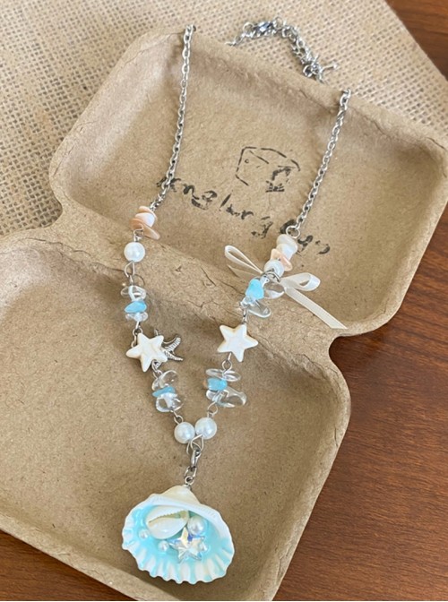 Ocean Vacation Style Fresh Cute Blue White Dreamy Starfish Pearl Silver Chain Kawaii Fashion Shell Necklace