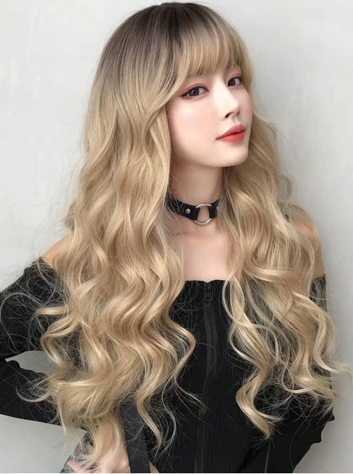 Fashion Daily Natural Full Head Big Wave Air Bangs Sweet Lolita Long Curly Wig