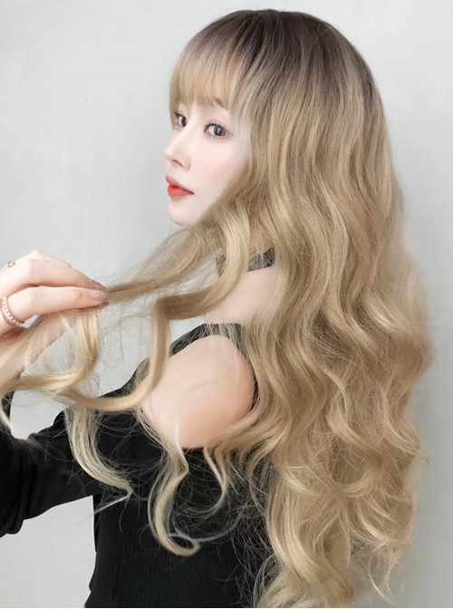 Fashion Daily Natural Full Head Big Wave Air Bangs Sweet Lolita Long Curly Wig