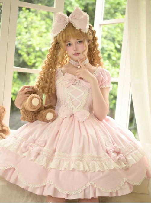 Ancient Petal Rabbit Series Exquisite Three Dimensional Bowknot Criss Cross Design Lace Decoration Petal Lace Hem Sweet Lolita Bubble Sleeve Dress
