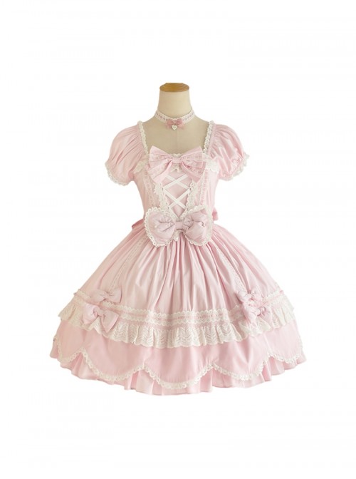 Ancient Petal Rabbit Series Exquisite Three Dimensional Bowknot Criss Cross Design Lace Decoration Petal Lace Hem Sweet Lolita Bubble Sleeve Dress