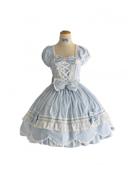 Ancient Petal Rabbit Series Exquisite Three Dimensional Bowknot Criss Cross Design Lace Decoration Petal Lace Hem Sweet Lolita Bubble Sleeve Dress