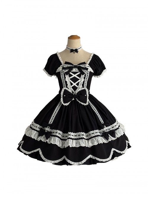 Ancient Petal Rabbit Series Exquisite Three Dimensional Bowknot Criss Cross Design Lace Decoration Petal Lace Hem Sweet Lolita Bubble Sleeve Dress