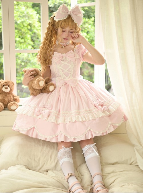 Ancient Petal Rabbit Series Exquisite Three Dimensional Bowknot Criss Cross Design Lace Decoration Petal Lace Hem Sweet Lolita Bubble Sleeve Dress