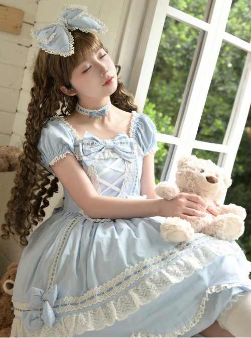 Ancient Petal Rabbit Series Exquisite Three Dimensional Bowknot Criss Cross Design Lace Decoration Petal Lace Hem Sweet Lolita Bubble Sleeve Dress