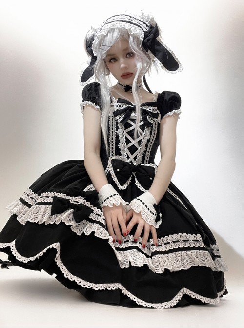 Ancient Petal Rabbit Series Exquisite Three Dimensional Bowknot Criss Cross Design Lace Decoration Petal Lace Hem Sweet Lolita Bubble Sleeve Dress