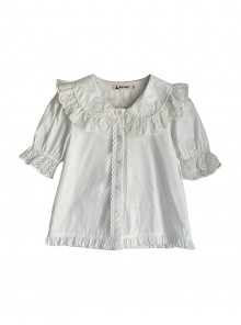 Ancient Petal Rabbit Series White Round Neck Design Exquisite Lace Rabbit Ears Decoration Button Design Sweet Lolita Short-Sleeved Shirt