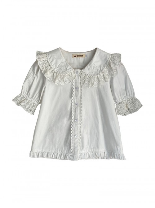 Ancient Petal Rabbit Series White Round Neck Design Exquisite Lace Rabbit Ears Decoration Button Design Sweet Lolita Short-Sleeved Shirt