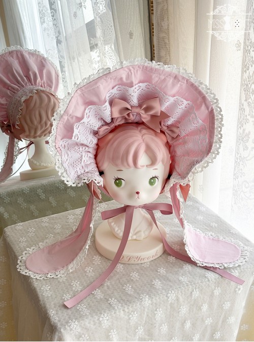 Ancient Petal Rabbit Series Bowknot Bunny Ear Decoration Large Brim White Lace Trim Sweet Lolita Bonnet Hat