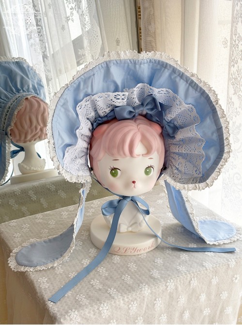Ancient Petal Rabbit Series Bowknot Bunny Ear Decoration Large Brim White Lace Trim Sweet Lolita Bonnet Hat