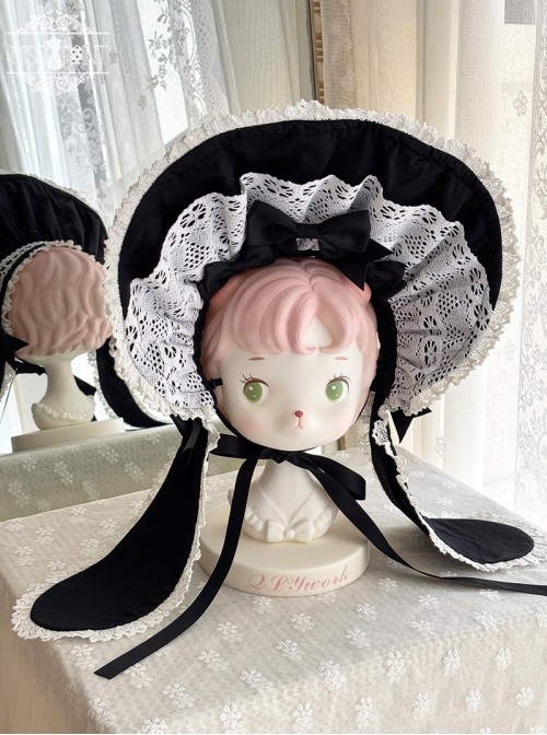 Ancient Petal Rabbit Series Bowknot Bunny Ear Decoration Large Brim White Lace Trim Sweet Lolita Bonnet Hat