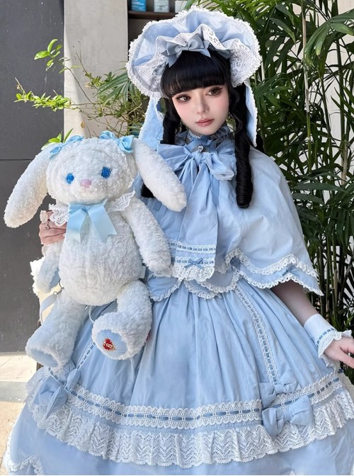 Ancient Petal Rabbit Series Bowknot Bunny Ear Decoration Large Brim White Lace Trim Sweet Lolita Bonnet Hat