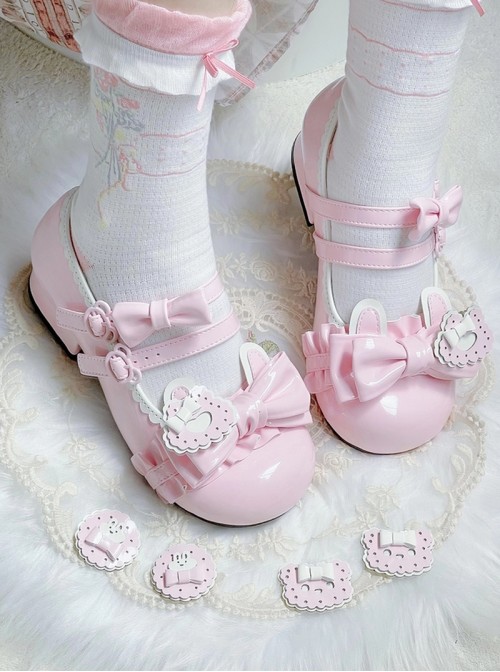Rabbit Bear Biscuit Series Bowknot Lace Ruffle Bunny Ear Design Sweet Lolita  Round Toe Low Heel Shoes