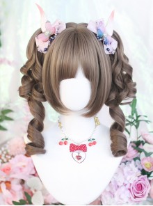Cute Daily Versatile Air Bangs Sweet Lolita Roman Curl Double Ponytail Full Wig