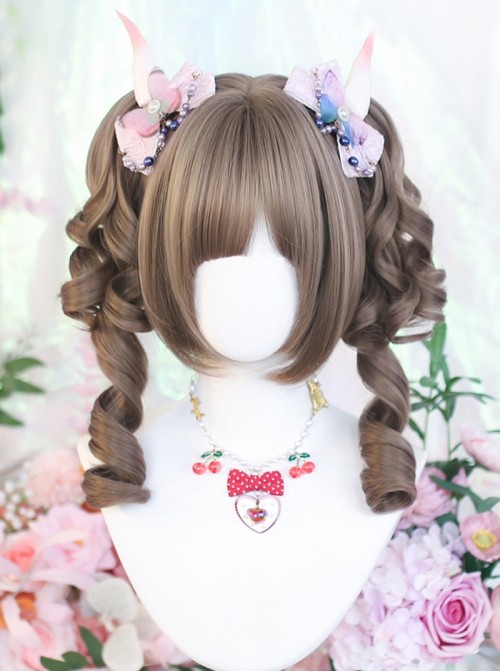 Cute Daily Versatile Air Bangs Sweet Lolita Roman Curl Double Ponytail Full Wig