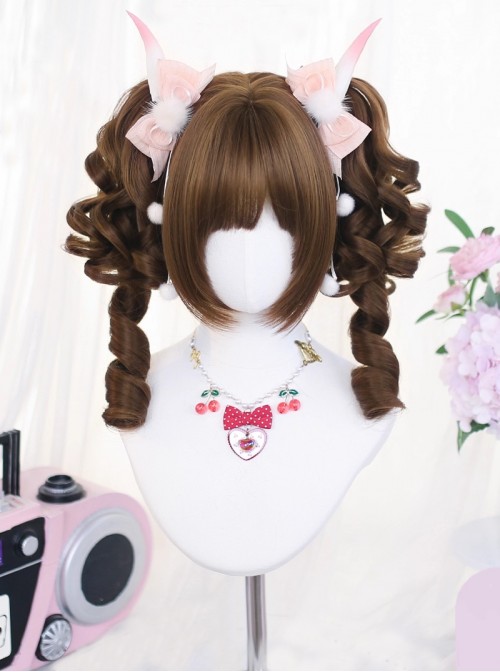 Cute Daily Versatile Air Bangs Sweet Lolita Roman Curl Double Ponytail Full Wig