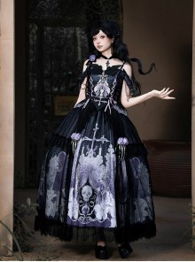 Bone Ghost Series Black Purple Three Dimensional Rose Skeleton Hand Chain Lace Halloween Subculture Skull Cross Print Gothic Lolita Top Skirt Set