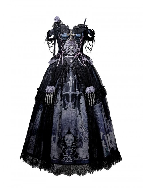 Bone Ghost Series Black Purple Three Dimensional Rose Skeleton Hand Chain Lace Halloween Subculture Skull Cross Print Gothic Lolita Top Skirt Set