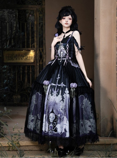 Bone Ghost Series Black Purple Three Dimensional Rose Skeleton Hand Chain Lace Halloween Subculture Skull Cross Print Gothic Lolita Top Skirt Set