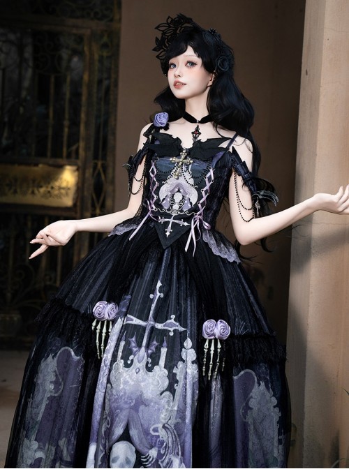 Bone Ghost Series Black Purple Three Dimensional Rose Skeleton Hand Chain Lace Halloween Subculture Skull Cross Print Gothic Lolita Top Skirt Set