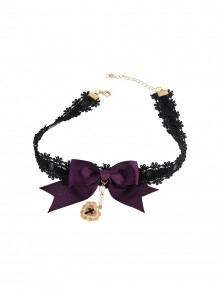 Versatile Cool Black Lace Purple Bowknot Ribbon Pearl Metal Golden Cross Pendant Decoration Gothic Lolita Necklace