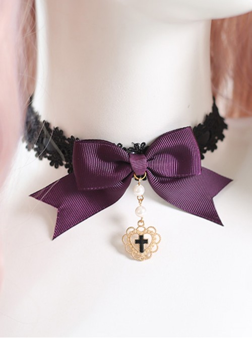 Versatile Cool Black Lace Purple Bowknot Ribbon Pearl Metal Golden Cross Pendant Decoration Gothic Lolita Necklace