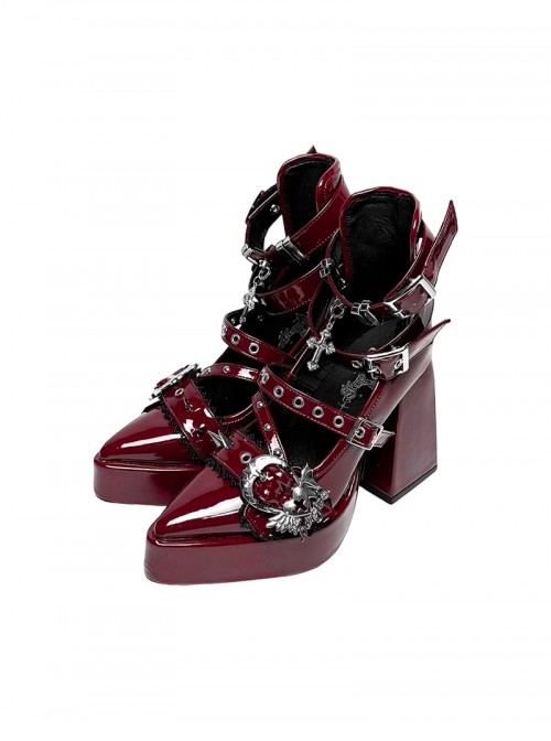 Luna Prayer Series Fashion Subculture Pointed Metal Chain Skull Cross Waterproof Platform Strap Design Gothic Lolita Thick Heel High Heels