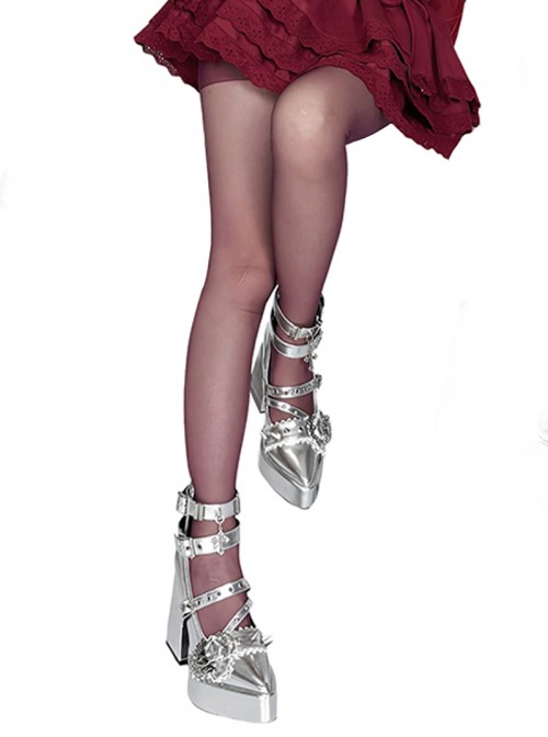 Luna Prayer Series Fashion Subculture Pointed Metal Chain Skull Cross Waterproof Platform Strap Design Gothic Lolita Thick Heel High Heels