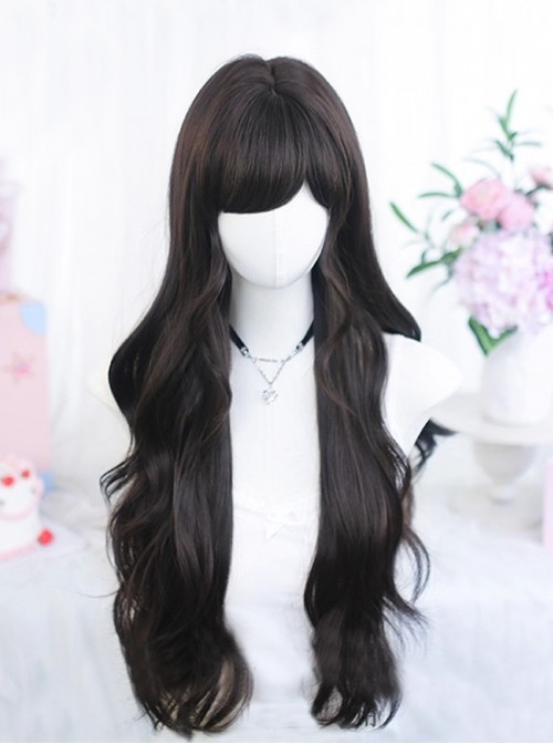 Daily Elegance Black Tea Color Hair Side Swept Bangs Natural Curly Full Head Big Waves Classic Lolita Long Curly Hair Wig