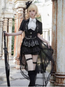 Raven Series Black British Style  Lace High Collar Metal Buckle Leg Ring Prince Style Ouji Fashion Lolita Jacket Shorts Top Tail Set