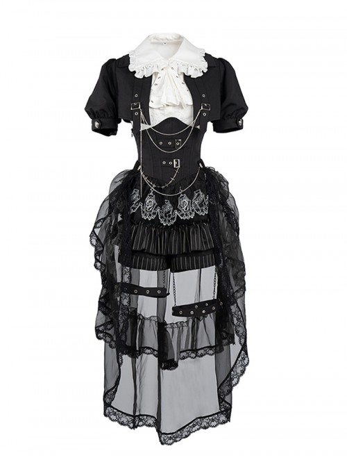 Raven Series Black British Style  Lace High Collar Metal Buckle Leg Ring Prince Style Ouji Fashion Lolita Jacket Shorts Top Tail Set