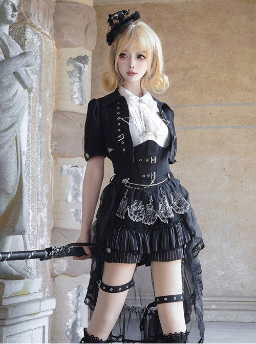 Raven Series Black British Style  Lace High Collar Metal Buckle Leg Ring Prince Style Ouji Fashion Lolita Jacket Shorts Top Tail Set