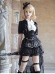 Raven Series Black British Style  Lace High Collar Metal Buckle Leg Ring Prince Style Ouji Fashion Lolita Jacket Shorts Top Tail Set