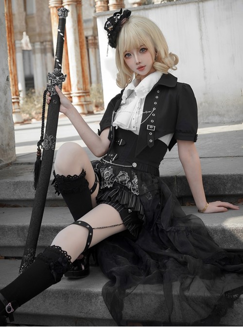 Raven Series Black British Style  Lace High Collar Metal Buckle Leg Ring Prince Style Ouji Fashion Lolita Jacket Shorts Top Tail Set