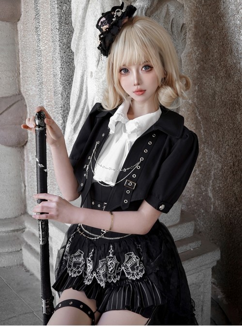 Raven Series Black British Style  Lace High Collar Metal Buckle Leg Ring Prince Style Ouji Fashion Lolita Jacket Shorts Top Tail Set