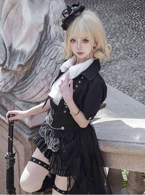 Raven Series Black British Style  Lace High Collar Metal Buckle Leg Ring Prince Style Ouji Fashion Lolita Jacket Shorts Top Tail Set
