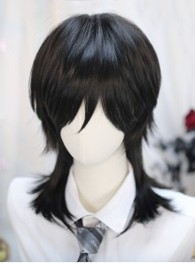 Japanese Style Black Youthful Fluffy Daily Layered Slightly Curly Hair Choppy Bangs Ouji Fashion Medium Length Wig