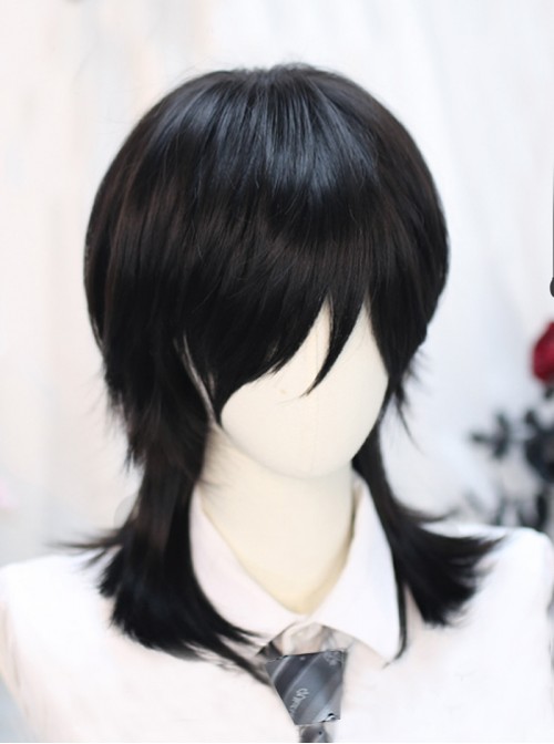 Japanese Style Black Youthful Fluffy Daily Layered Slightly Curly Hair Choppy Bangs Ouji Fashion Medium Length Wig