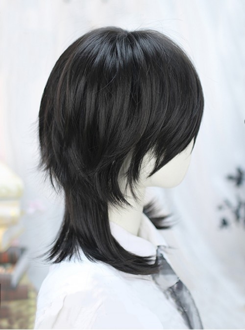 Japanese Style Black Youthful Fluffy Daily Layered Slightly Curly Hair Choppy Bangs Ouji Fashion Medium Length Wig