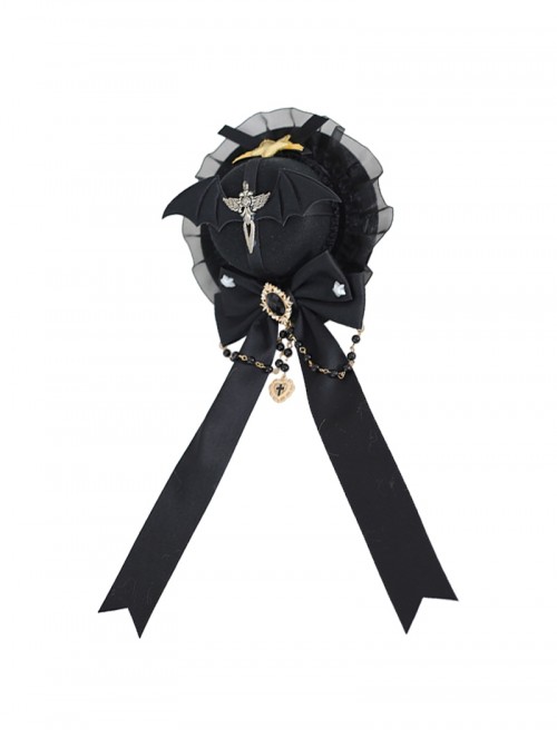 Dark Gorgeous Elegant Style Wings Sword Bat Shape Gem Metal Pearl Chain Bowknot Ribbon Lace Decoration Gothic Lolita Small Top Hat