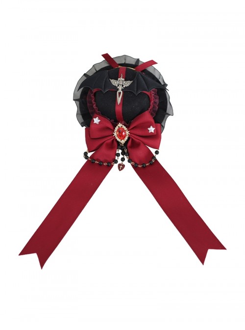 Dark Gorgeous Elegant Style Wings Sword Bat Shape Gem Metal Pearl Chain Bowknot Ribbon Lace Decoration Gothic Lolita Small Top Hat