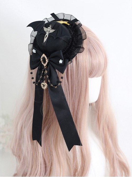 Dark Gorgeous Elegant Style Wings Sword Bat Shape Gem Metal Pearl Chain Bowknot Ribbon Lace Decoration Gothic Lolita Small Top Hat
