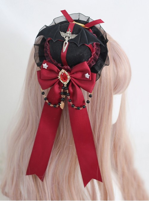 Dark Gorgeous Elegant Style Wings Sword Bat Shape Gem Metal Pearl Chain Bowknot Ribbon Lace Decoration Gothic Lolita Small Top Hat