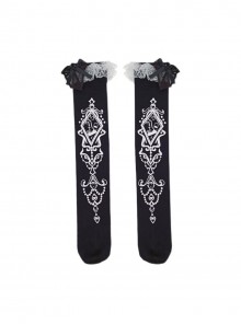 Cool Black Cute Black Bowknot White Exquisite Prints Lace Sweet Lolita Mid Calf Socks